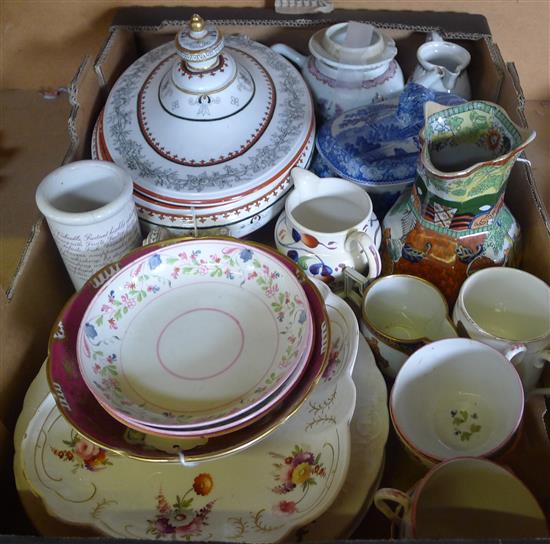 18C English porcelain teapot, of bullet form decorated floral sprays (faults & repairs), sundry ceramics inc Masons jug etc.